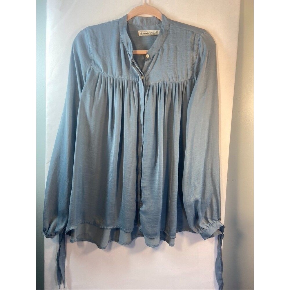 ABERCROMBIE & FITCH WOMENS MED BLUE TIE LONG SLEEVES BLOUSE BUTTON UP